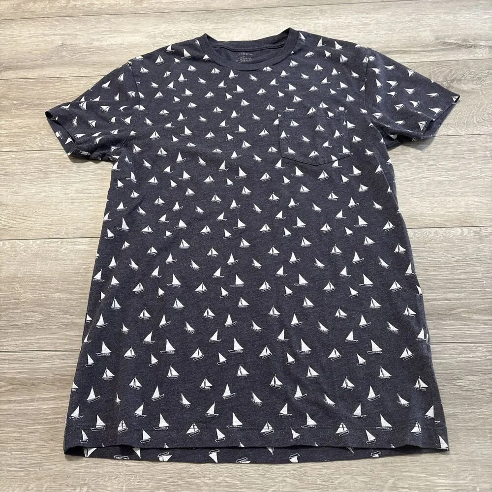 J. Crew Slim Washed Sailboat Print Pocket T Shirt Crew Neck Men's Extra Small XS